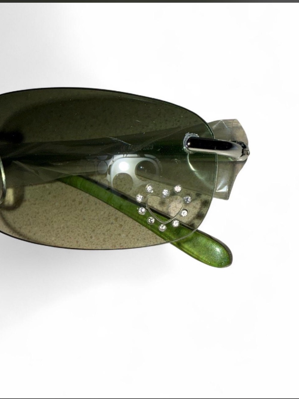 Y2K Mudd Green Rimless Sunglasses with Rhinestone Heart Accent
